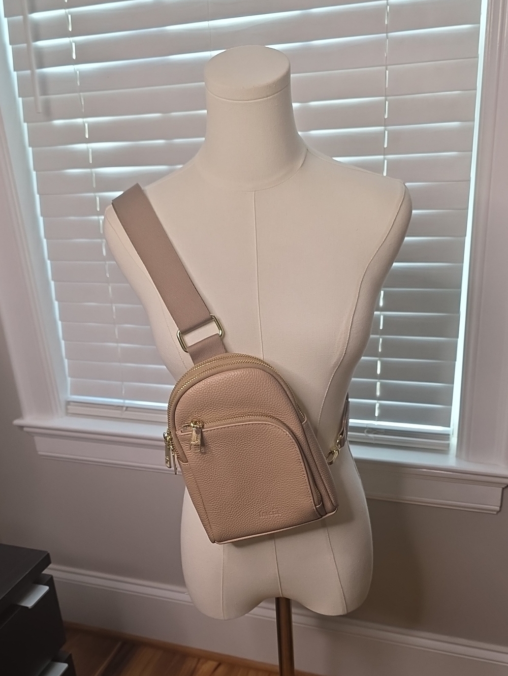 Taupe Crossbody Sling Bag with Gold Hardware